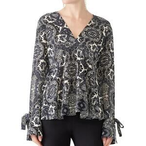 Shoshanna‎ Malone Paisley Top Blouse Black White V-Neck Long Sleeve Sz S